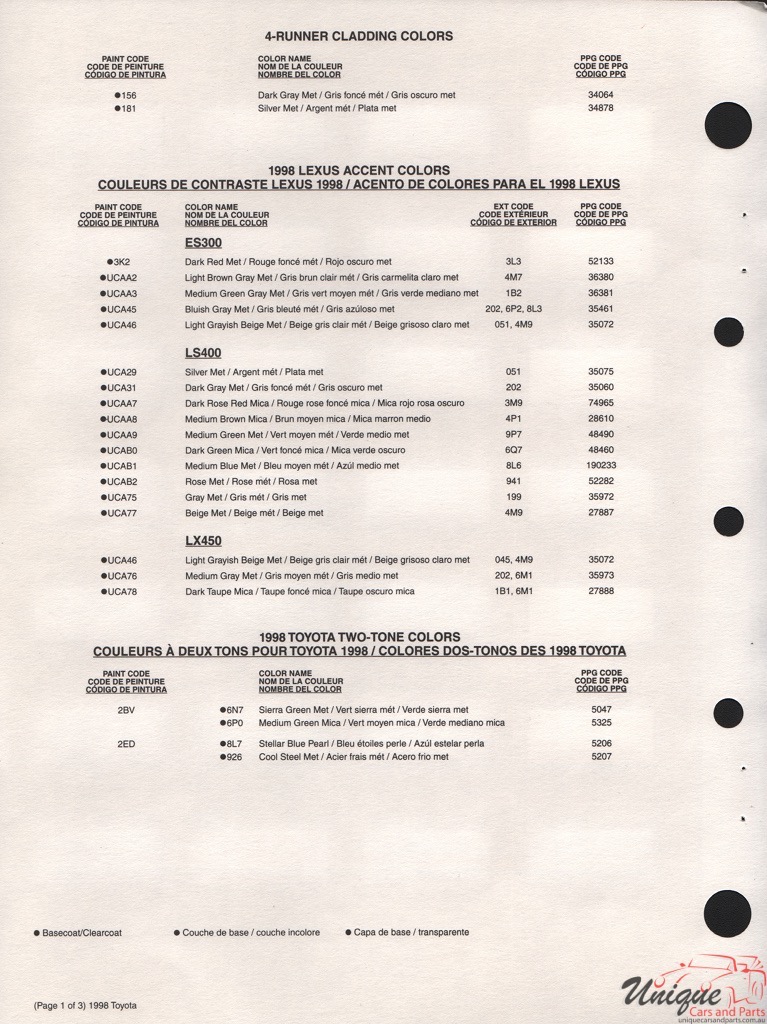 1998 Toyota Paint Charts PPG 4